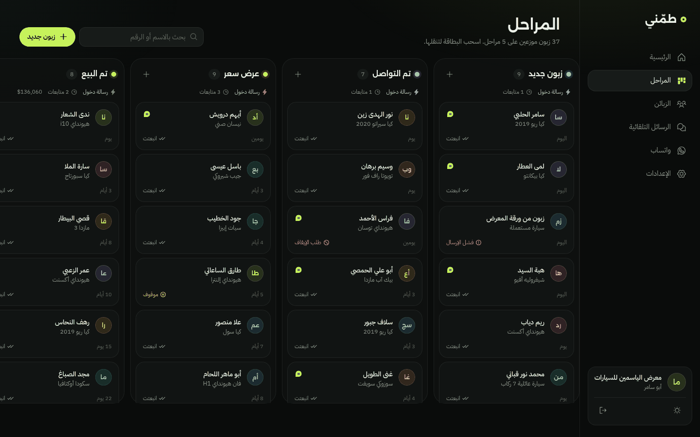 لوحة مراحل الزبائن في طمّني: زبون جديد، تم التواصل، عرض سعر، تم البيع
